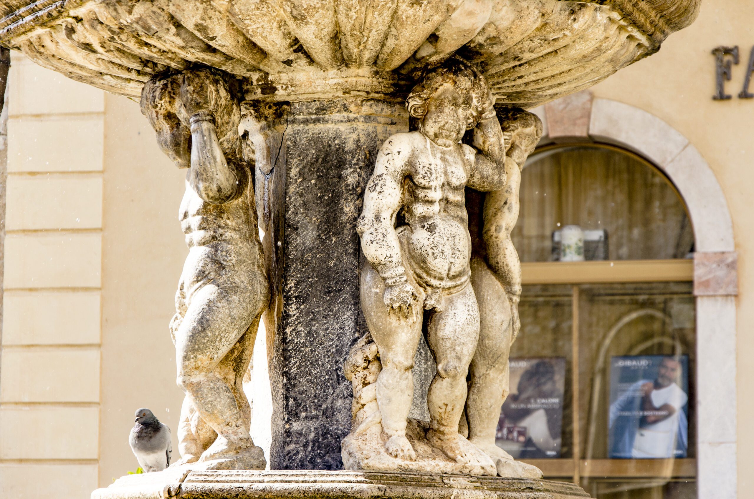 Stone faces around the front