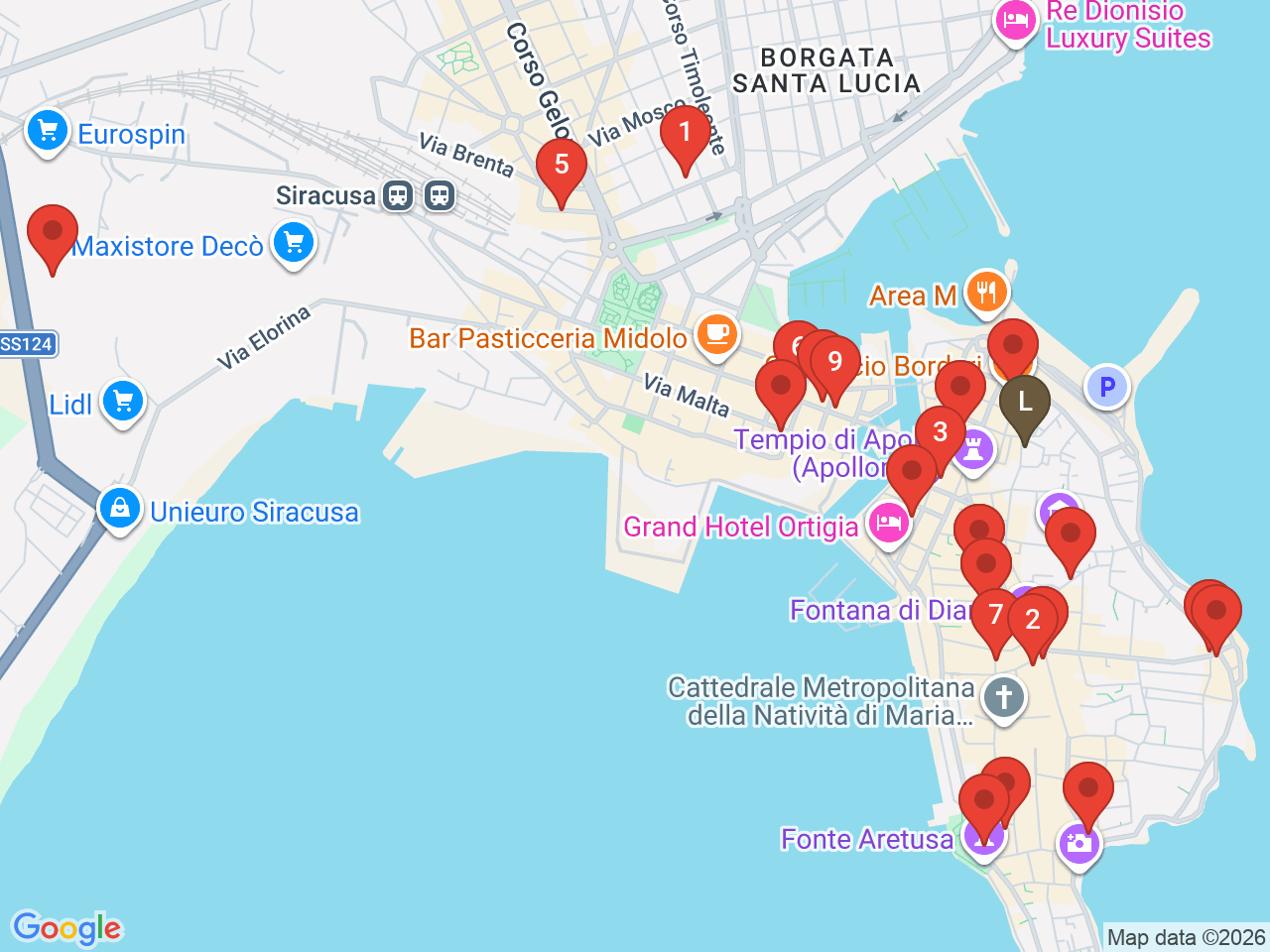 Map of eat & drink near Old Market of Ortigia